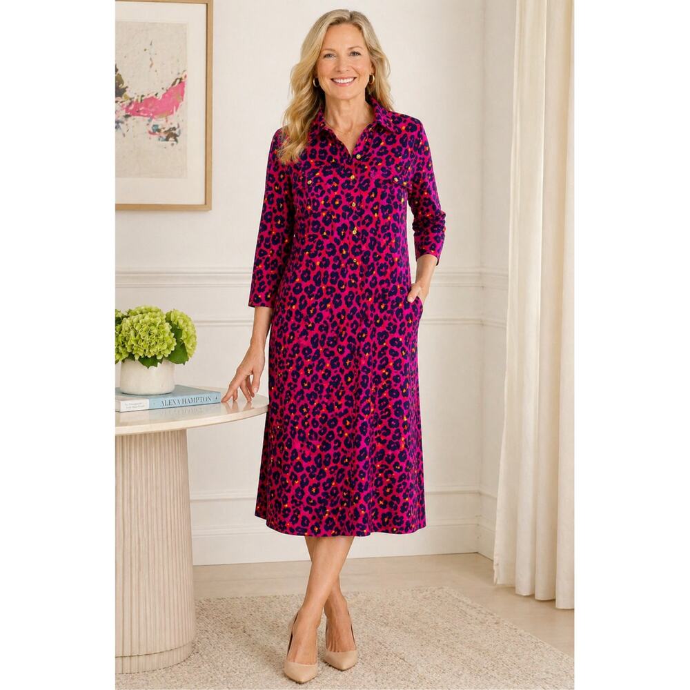 Jude Connally Pink Leopard Print Jude Cloth Shirt Dress Size L